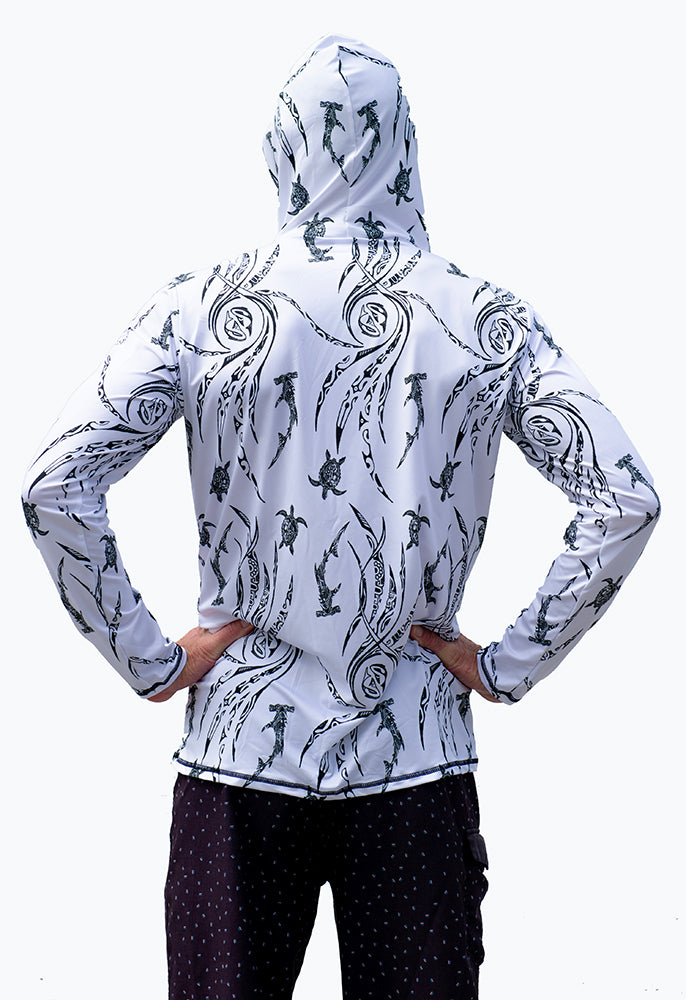 Back of Hooded Sun Shirt on Woman - Ocean Currents