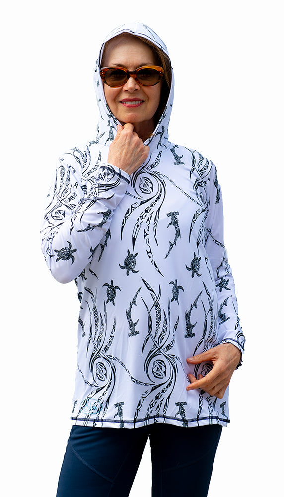 Hooded Sun Shirt on Woman - Ocean Currents