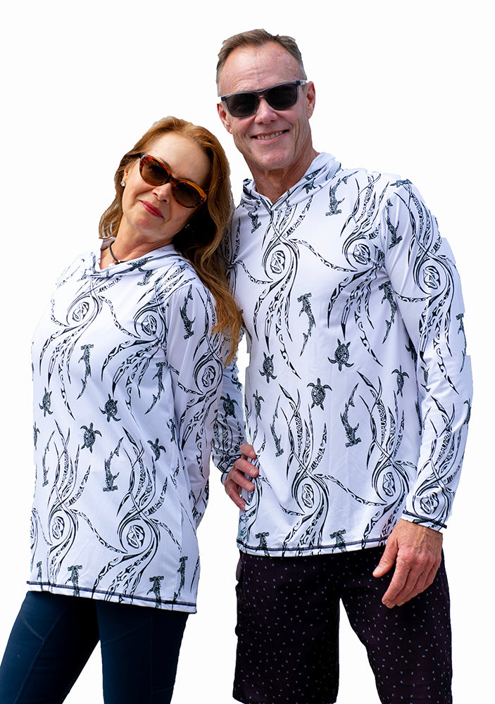 Hooded Sun Shirt on Woman and Man - Ocean Currents