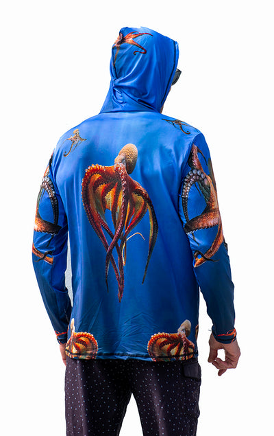 Back of Hooded Sun Shirt on Man - Octopus